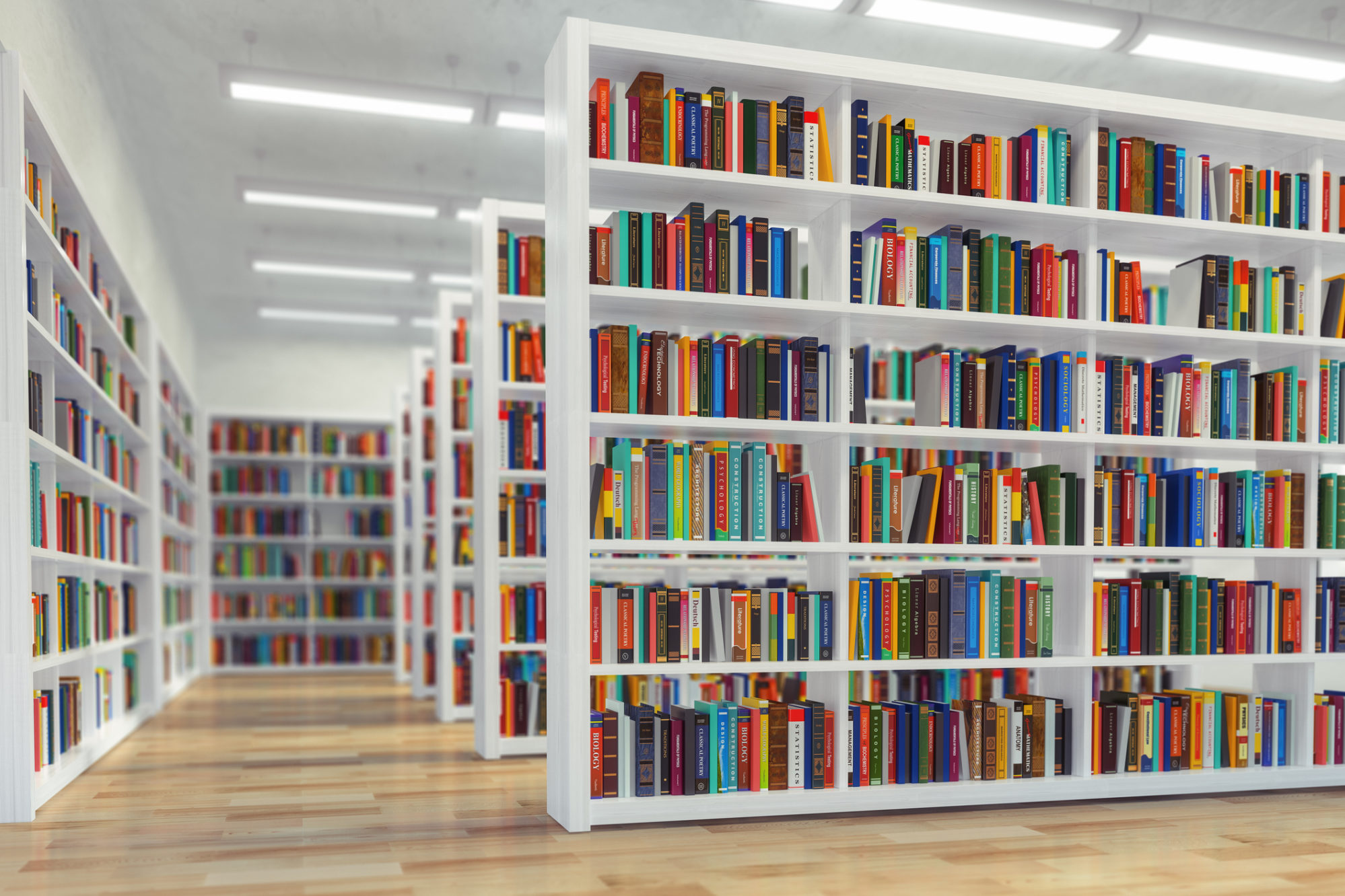 Illustration einer Bibliothek mit weißen Bücherregalen mit Büchern.