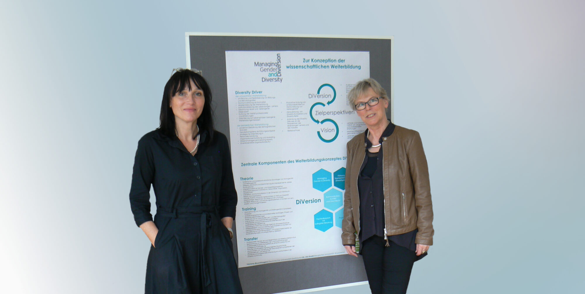 Dr. Iris Koall und Verena Bruchhagen vor einer Moderationswand im Workshop "DiVersion".